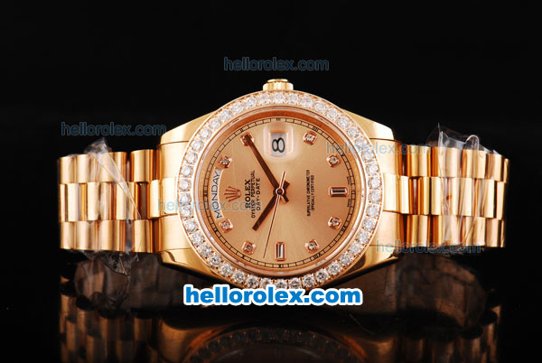 Rolex Day Date II Automatic Movement Full Rose Gold with Diamond Bezel-Diamond Markers and Rose Gold Dial - Click Image to Close